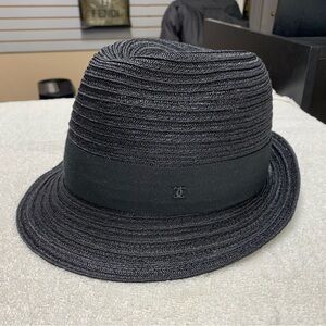CHANEL CC Black Straw Abaca Fedora Hat